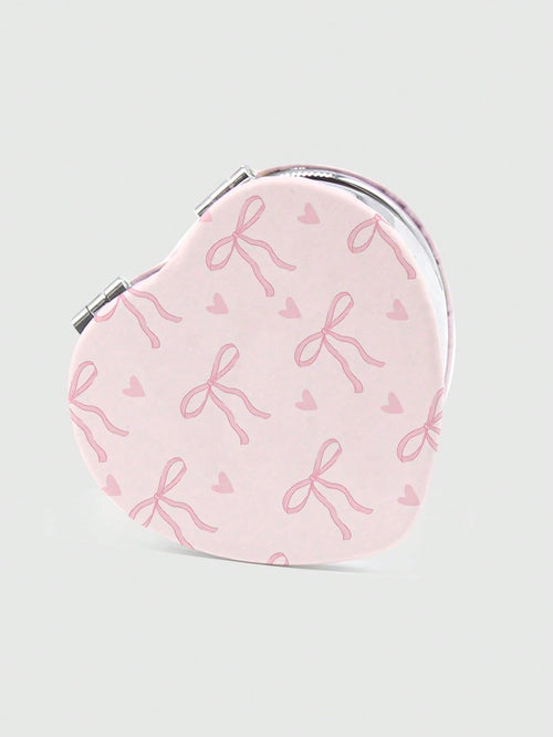 ROMWE Kawaii 1pc Pink Bowknot PU Heart Shaped Makeup Compact Mirror, Random Pattern