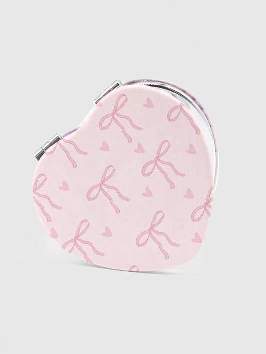 ROMWE Kawaii 1pc Pink Bowknot PU Heart Shaped Makeup Compact Mirror, Random Pattern