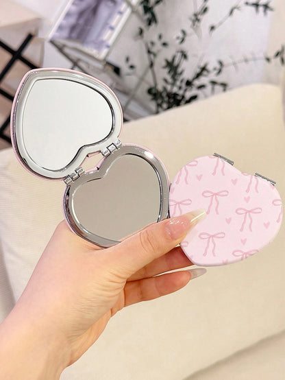 ROMWE Kawaii 1pc Pink Bowknot PU Heart Shaped Makeup Compact Mirror, Random Pattern