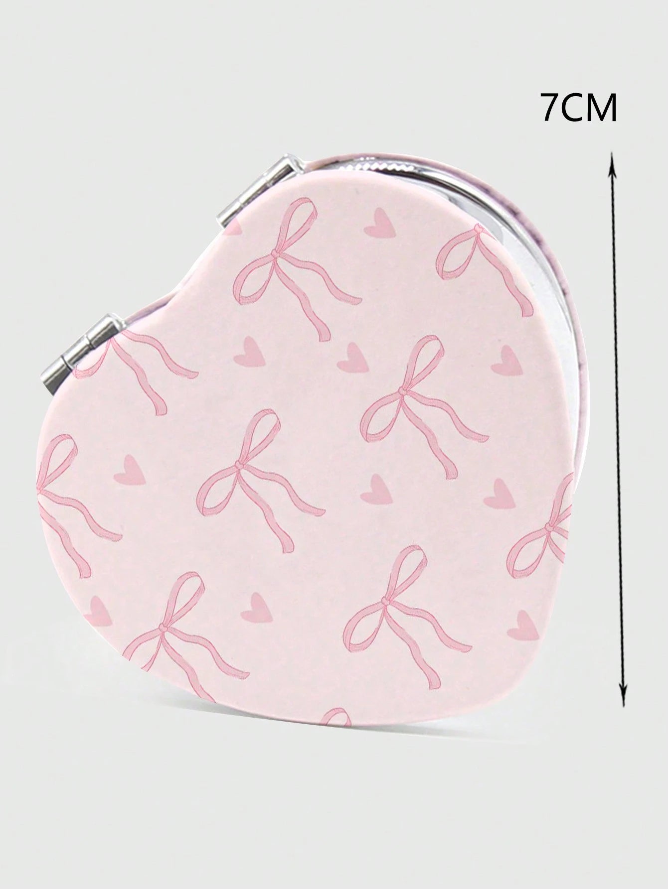 ROMWE Kawaii 1pc Pink Bowknot PU Heart Shaped Makeup Compact Mirror, Random Pattern