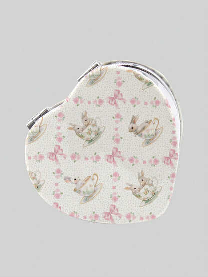 ROMWE Kawaii 1pc Pink Bowknot PU Heart Shaped Makeup Compact Mirror, Random Pattern
