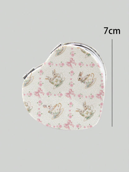 ROMWE Kawaii 1pc Pink Bowknot PU Heart Shaped Makeup Compact Mirror, Random Pattern