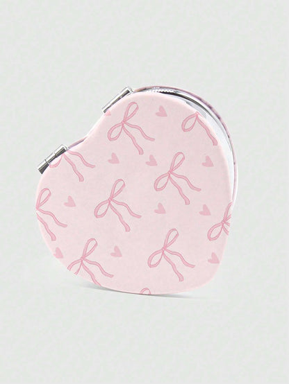 ROMWE Kawaii 1pc Pink Bowknot PU Heart Shaped Makeup Compact Mirror, Random Pattern