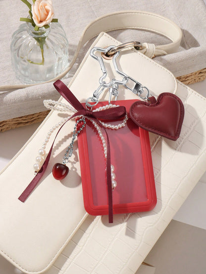 ROMWE Kawaii 1pc Stylish Gothic Silver Beaded CCB Ribbon Bowknot & Heart Adjustable Lanyard ID Card Holder Charm Keychain, Suitable For Office Workers And Students, Perfect Gift Valentines, Halloween
