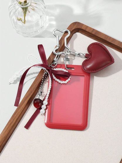 ROMWE Kawaii 1pc Stylish Gothic Silver Beaded CCB Ribbon Bowknot & Heart Adjustable Lanyard ID Card Holder Charm Keychain, Suitable For Office Workers And Students, Perfect Gift Valentines, Halloween
