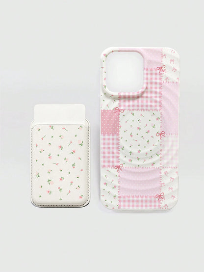 ROMWE Kawaii 2pcs/Set Ditsy Floral Magsafe Phone Case Wireless Charging Magnetic Case With Matching Magnetic Card Holder