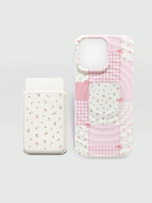 ROMWE Kawaii 2pcs/Set Ditsy Floral Magsafe Phone Case Wireless Charging Magnetic Case With Matching Magnetic Card Holder