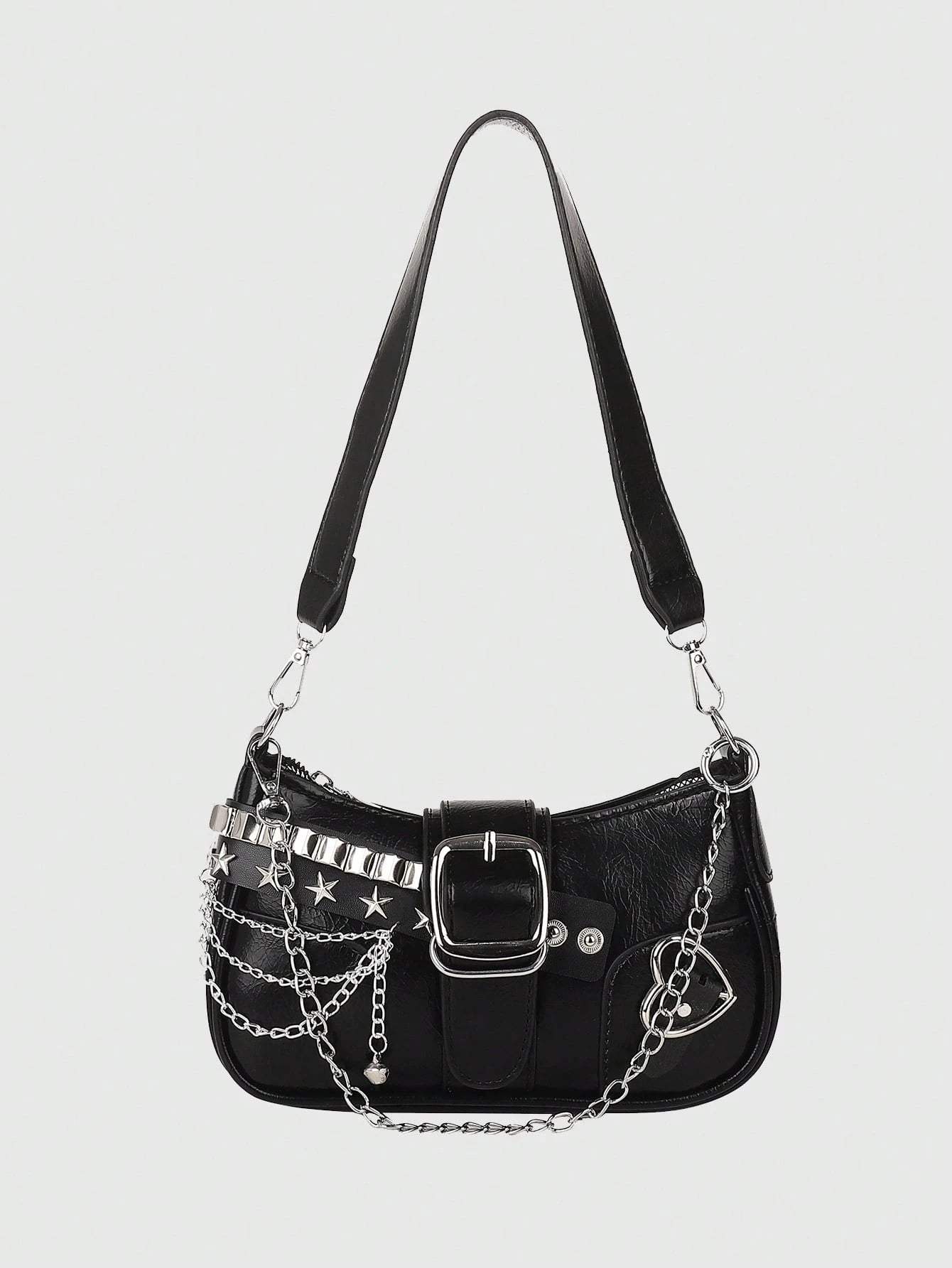 ROMWE Kawaii New Stylish Women Crossbody Bag With Chain Decor, Punk Rock Style Shoulder Bag, Cute Girly Dark Color, Goth