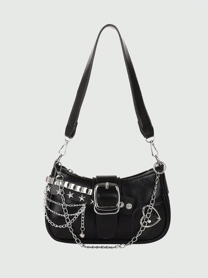 ROMWE Kawaii New Stylish Women Crossbody Bag With Chain Decor, Punk Rock Style Shoulder Bag, Cute Girly Dark Color, Goth