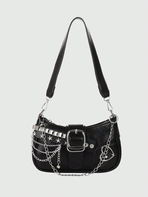 ROMWE Kawaii New Stylish Women Crossbody Bag With Chain Decor, Punk Rock Style Shoulder Bag, Cute Girly Dark Color, Goth