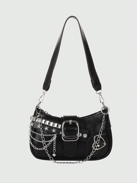 ROMWE Kawaii New Stylish Women Crossbody Bag With Chain Decor, Punk Rock Style Shoulder Bag, Cute Girly Dark Color, Goth