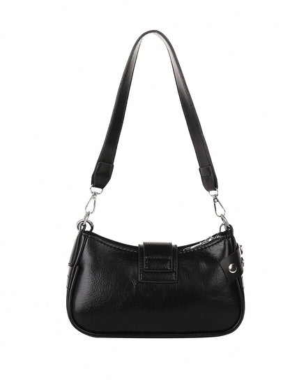 ROMWE Kawaii New Stylish Women Crossbody Bag With Chain Decor, Punk Rock Style Shoulder Bag, Cute Girly Dark Color, Goth