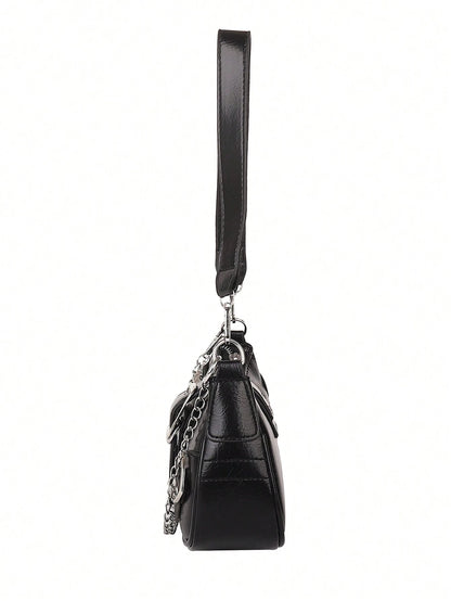ROMWE Kawaii New Stylish Women Crossbody Bag With Chain Decor, Punk Rock Style Shoulder Bag, Cute Girly Dark Color, Goth