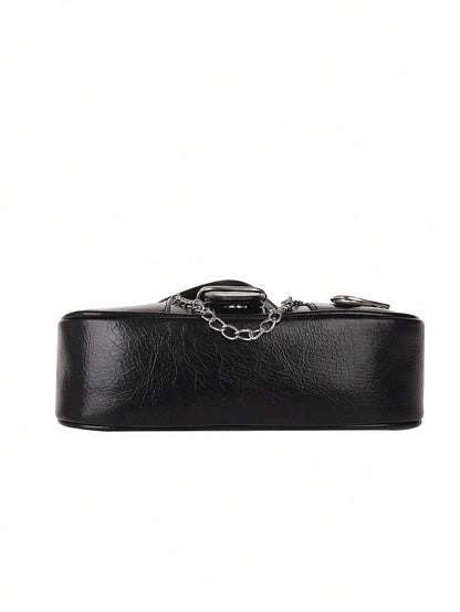 ROMWE Kawaii New Stylish Women Crossbody Bag With Chain Decor, Punk Rock Style Shoulder Bag, Cute Girly Dark Color, Goth