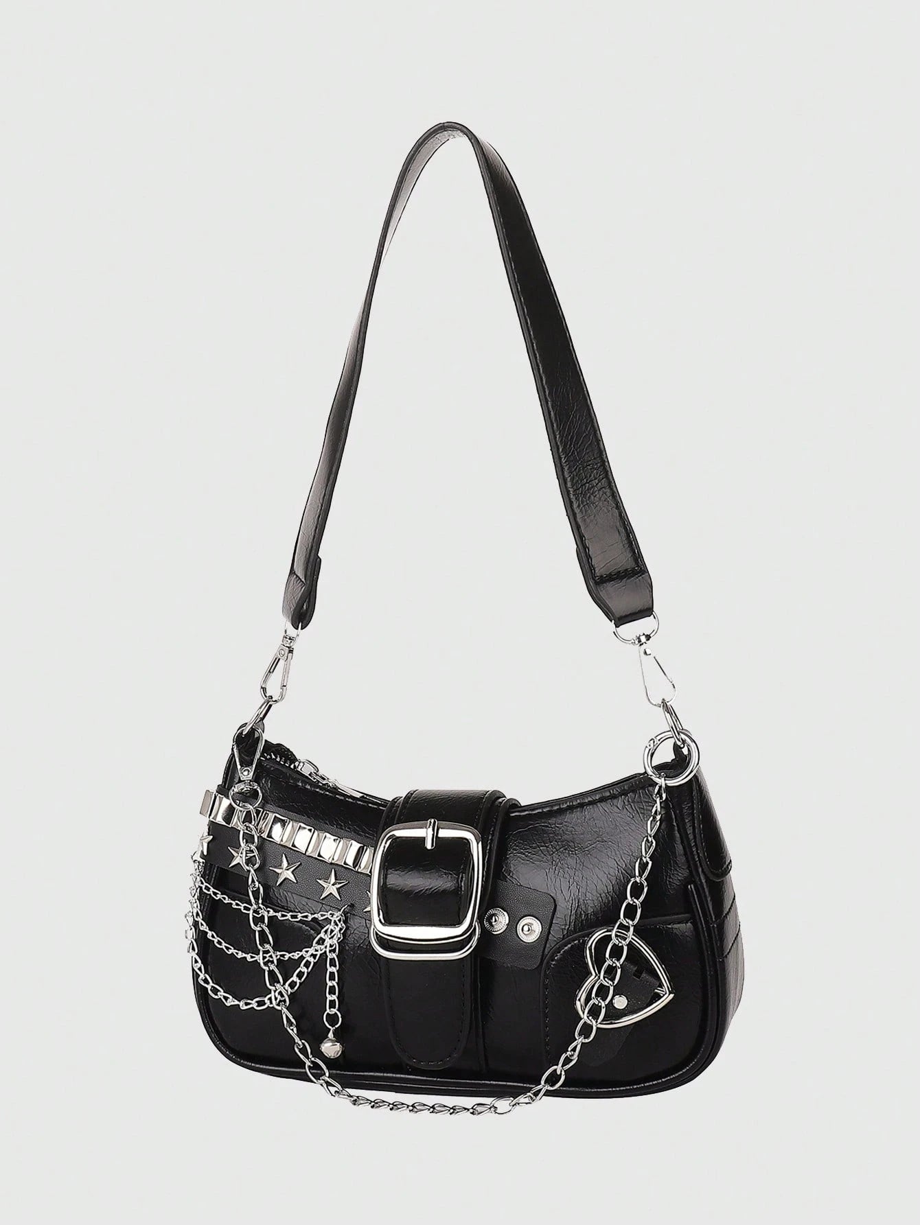 ROMWE Kawaii New Stylish Women Crossbody Bag With Chain Decor, Punk Rock Style Shoulder Bag, Cute Girly Dark Color, Goth