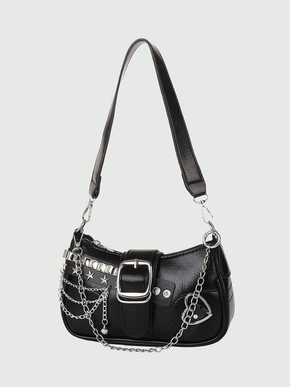 ROMWE Kawaii New Stylish Women Crossbody Bag With Chain Decor, Punk Rock Style Shoulder Bag, Cute Girly Dark Color, Goth