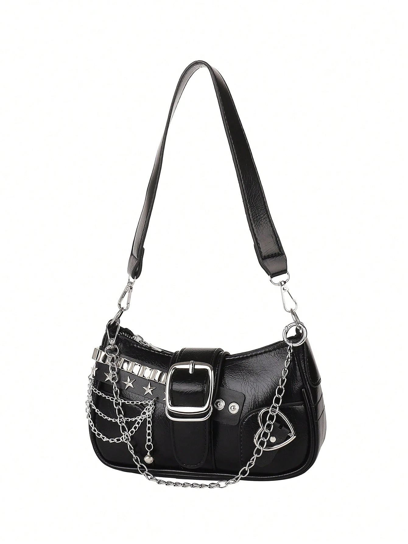 ROMWE Kawaii New Stylish Women Crossbody Bag With Chain Decor, Punk Rock Style Shoulder Bag, Cute Girly Dark Color, Goth