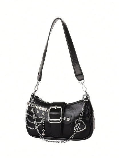 ROMWE Kawaii New Stylish Women Crossbody Bag With Chain Decor, Punk Rock Style Shoulder Bag, Cute Girly Dark Color, Goth