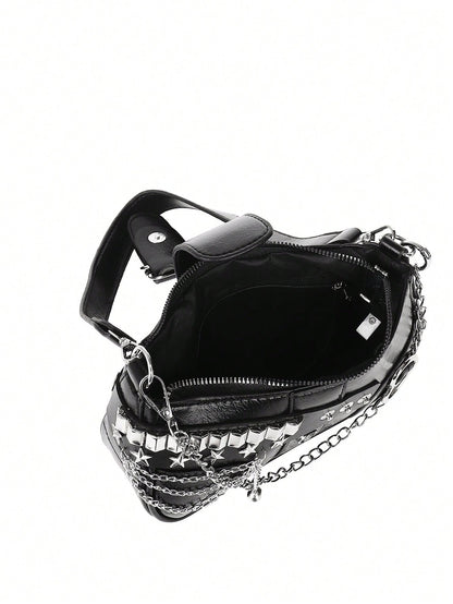 ROMWE Kawaii New Stylish Women Crossbody Bag With Chain Decor, Punk Rock Style Shoulder Bag, Cute Girly Dark Color, Goth
