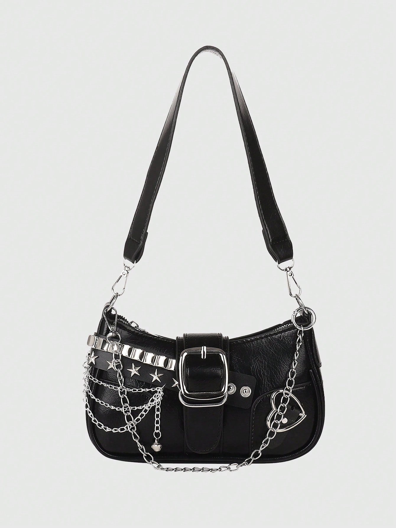 ROMWE Kawaii New Stylish Women Crossbody Bag With Chain Decor, Punk Rock Style Shoulder Bag, Cute Girly Dark Color, Goth