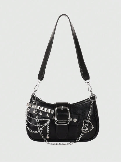 ROMWE Kawaii New Stylish Women Crossbody Bag With Chain Decor, Punk Rock Style Shoulder Bag, Cute Girly Dark Color, Goth