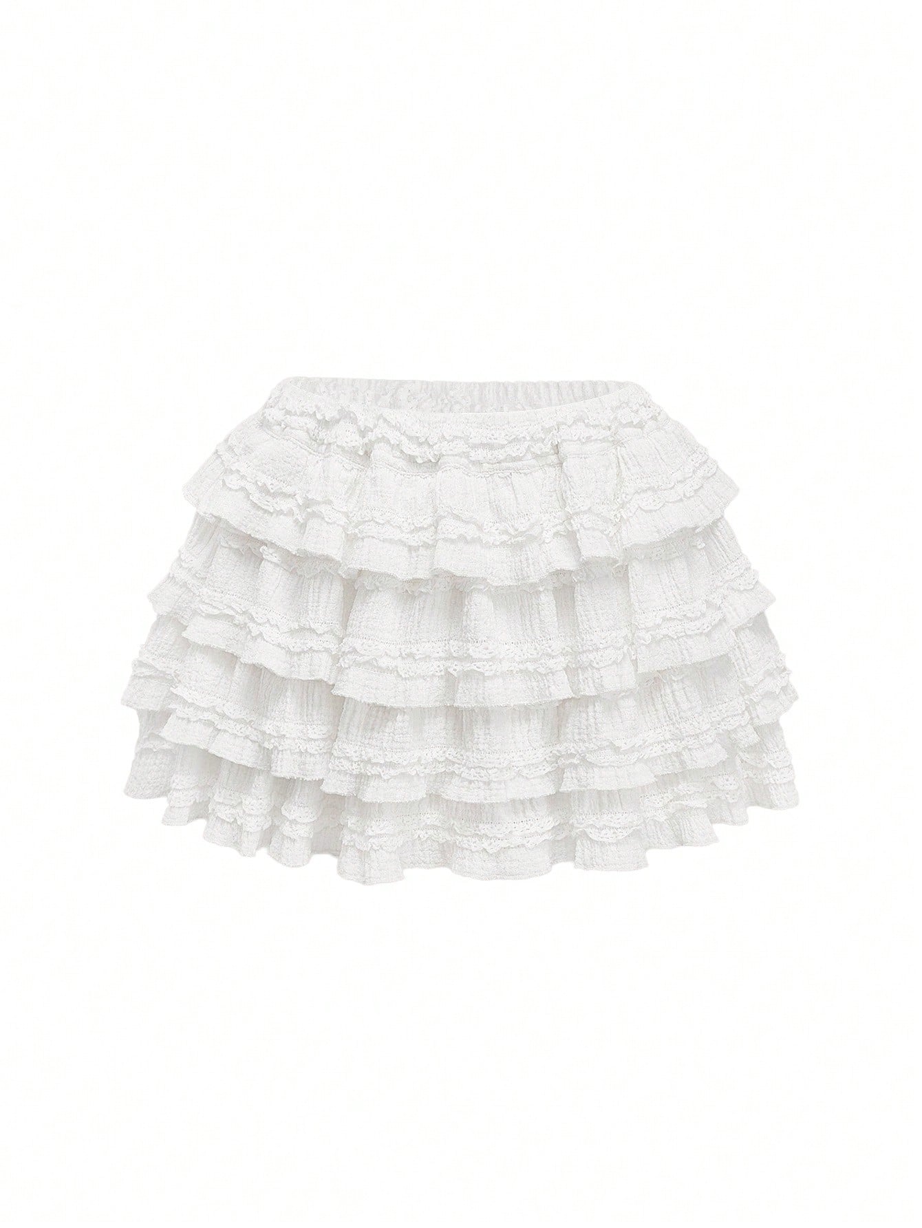ROMWE Kawaii White Y2K Textured Fabric Sweet Cake Hem Spliced Women's Low Waist Mini Skirt, Versatile Skirt For Multiple Occasions, Autumn/Winter