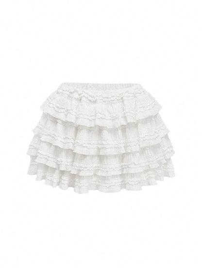 ROMWE Kawaii White Y2K Textured Fabric Sweet Cake Hem Spliced Women's Low Waist Mini Skirt, Versatile Skirt For Multiple Occasions, Autumn/Winter