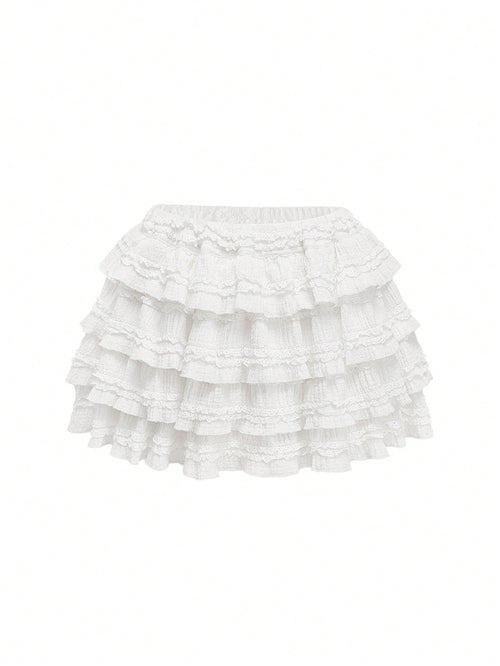 ROMWE Kawaii White Y2K Textured Fabric Sweet Cake Hem Spliced Women's Low Waist Mini Skirt, Versatile Skirt For Multiple Occasions, Autumn/Winter