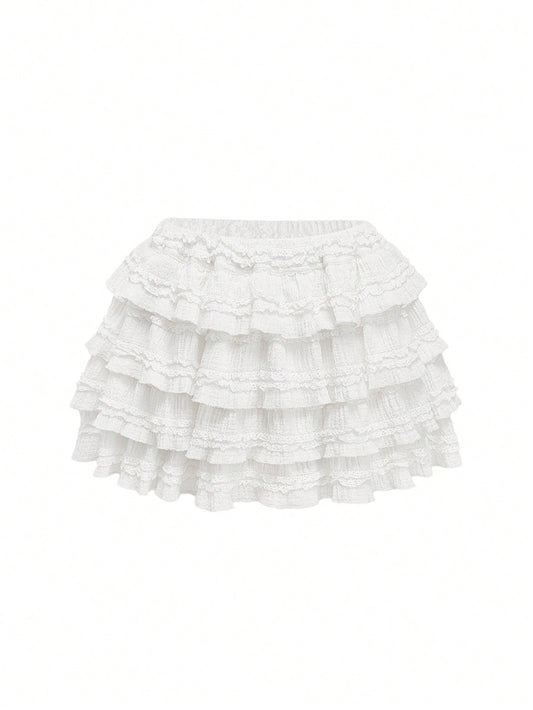 ROMWE Kawaii White Y2K Textured Fabric Sweet Cake Hem Spliced Women's Low Waist Mini Skirt, Versatile Skirt For Multiple Occasions, Autumn/Winter