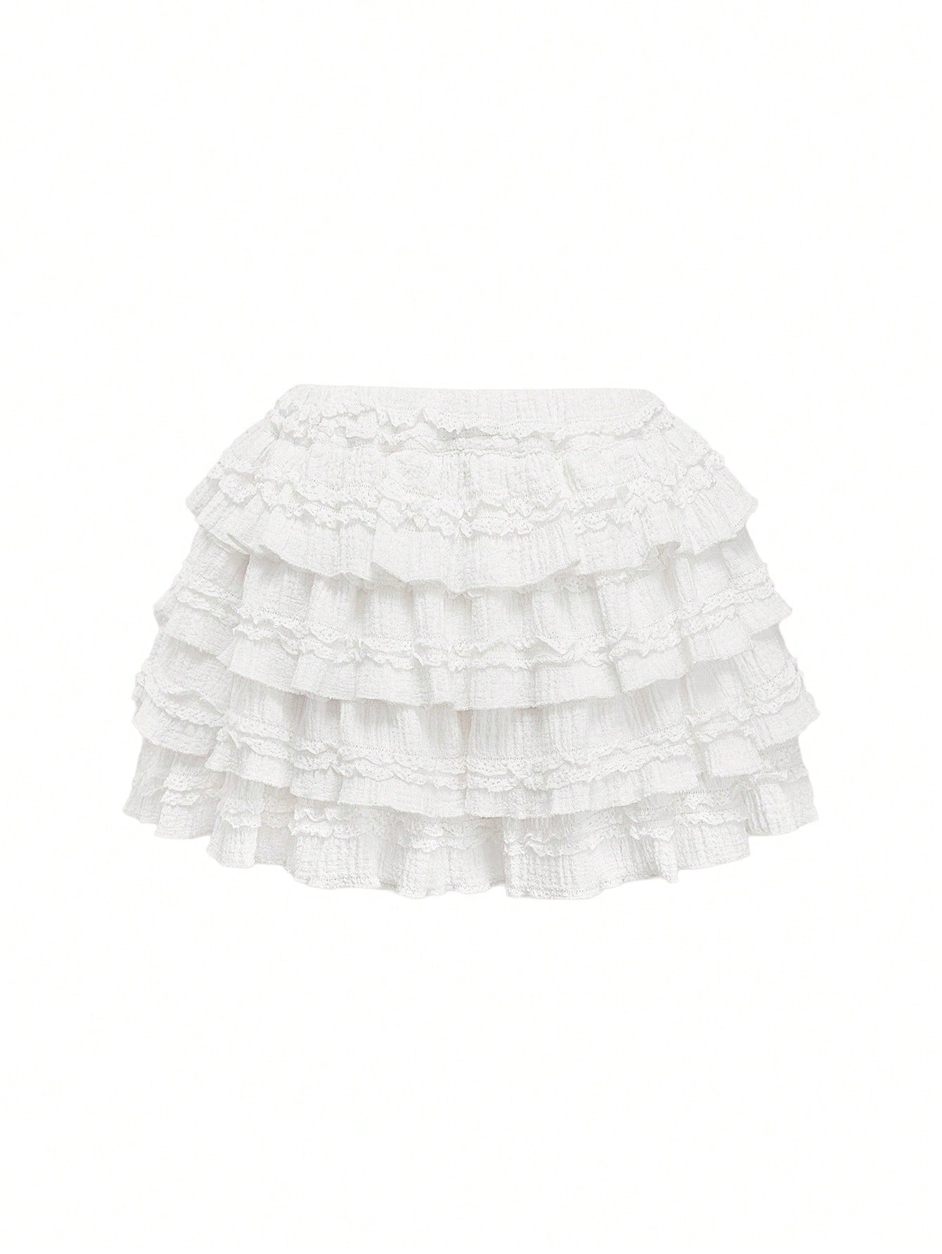 ROMWE Kawaii White Y2K Textured Fabric Sweet Cake Hem Spliced Women's Low Waist Mini Skirt, Versatile Skirt For Multiple Occasions, Autumn/Winter