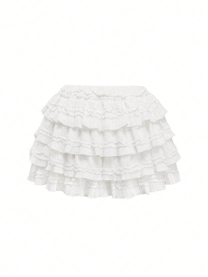 ROMWE Kawaii White Y2K Textured Fabric Sweet Cake Hem Spliced Women's Low Waist Mini Skirt, Versatile Skirt For Multiple Occasions, Autumn/Winter
