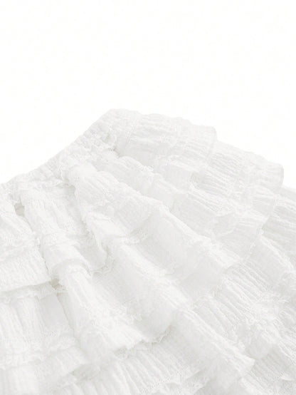ROMWE Kawaii White Y2K Textured Fabric Sweet Cake Hem Spliced Women's Low Waist Mini Skirt, Versatile Skirt For Multiple Occasions, Autumn/Winter