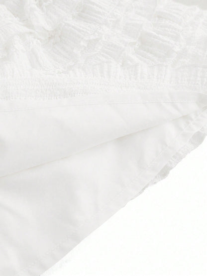 ROMWE Kawaii White Y2K Textured Fabric Sweet Cake Hem Spliced Women's Low Waist Mini Skirt, Versatile Skirt For Multiple Occasions, Autumn/Winter