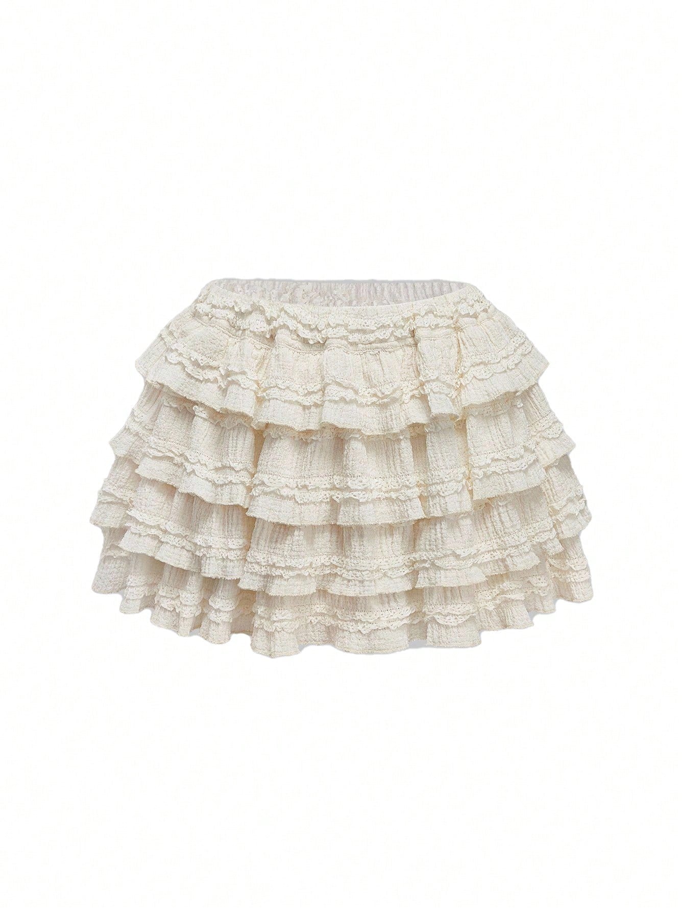 ROMWE Kawaii White Y2K Textured Fabric Sweet Cake Hem Spliced Women's Low Waist Mini Skirt, Versatile Skirt For Multiple Occasions, Autumn/Winter