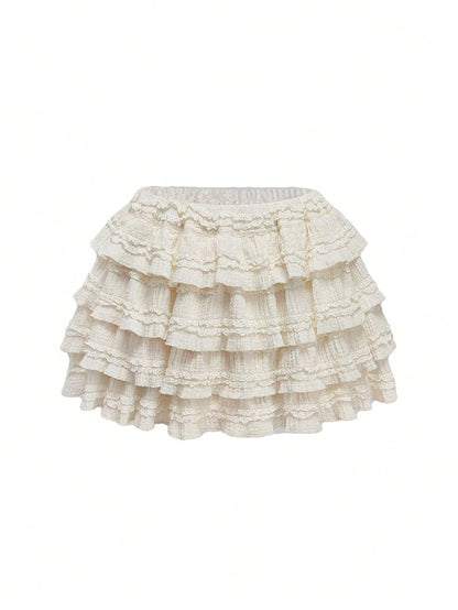 ROMWE Kawaii White Y2K Textured Fabric Sweet Cake Hem Spliced Women's Low Waist Mini Skirt, Versatile Skirt For Multiple Occasions, Autumn/Winter