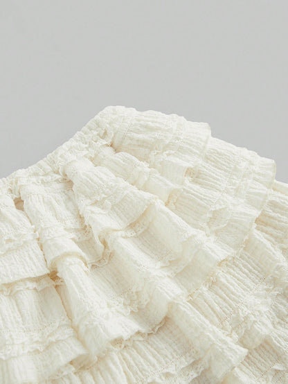 ROMWE Kawaii White Y2K Textured Fabric Sweet Cake Hem Spliced Women's Low Waist Mini Skirt, Versatile Skirt For Multiple Occasions, Autumn/Winter