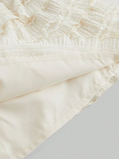 ROMWE Kawaii White Y2K Textured Fabric Sweet Cake Hem Spliced Women's Low Waist Mini Skirt, Versatile Skirt For Multiple Occasions, Autumn/Winter
