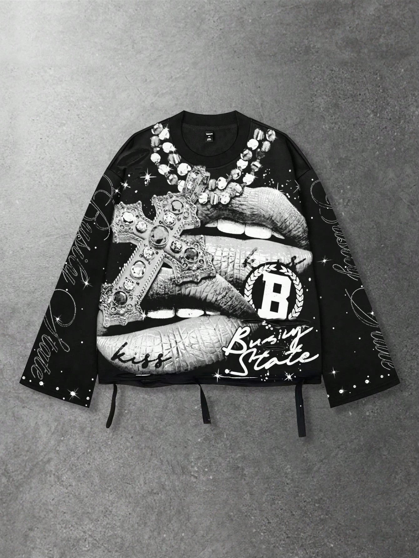 ROMWE MEN Street Life Spring Casual Graphic Vintage Street Style Distressed Saint Graphic Long Sleeve Crew Neck Men'S T-Shirt