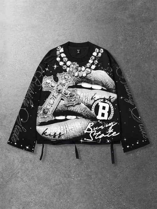 ROMWE MEN Street Life Spring Casual Graphic Vintage Street Style Distressed Saint Graphic Long Sleeve Crew Neck Men'S T-Shirt