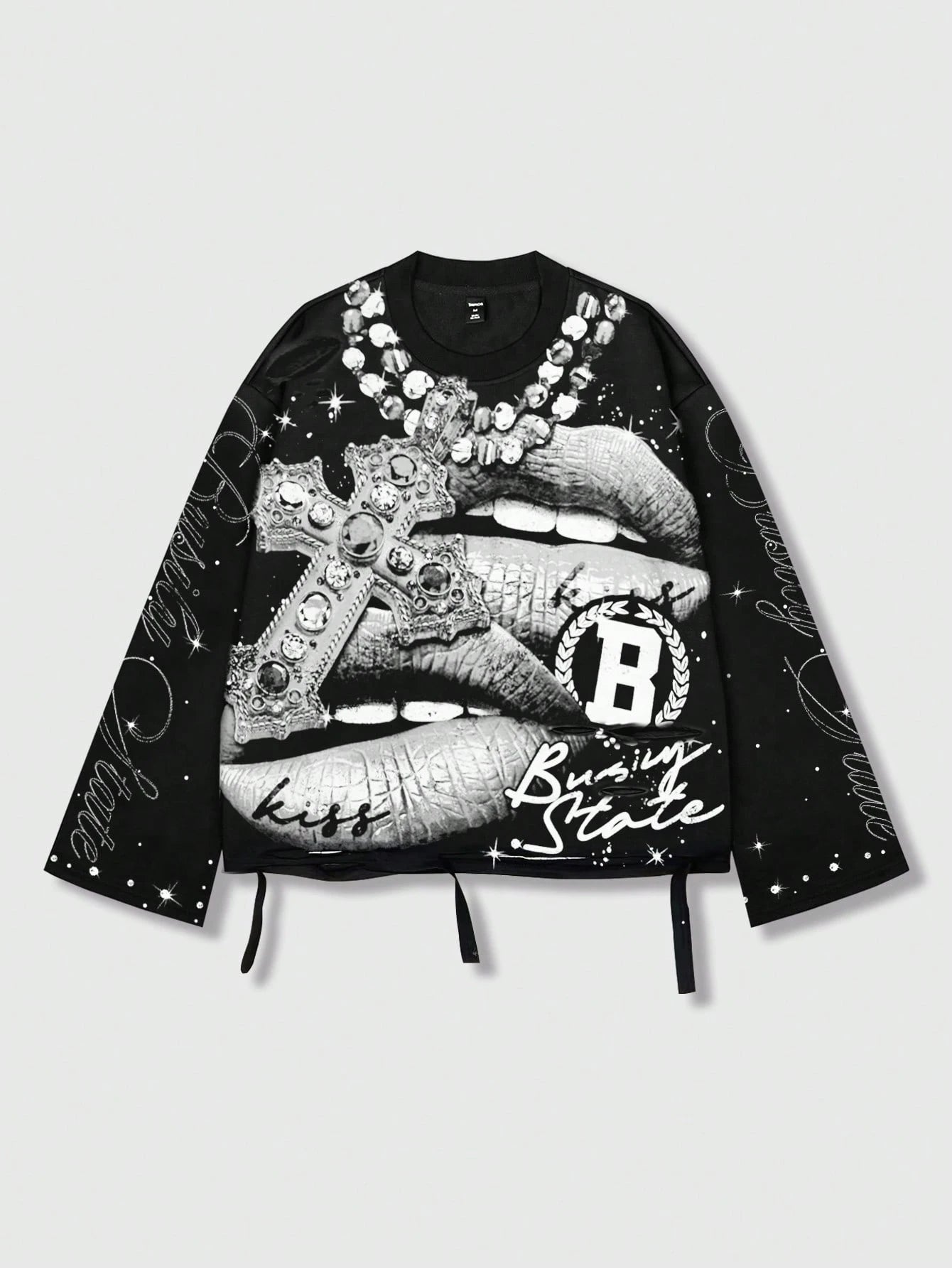 ROMWE MEN Street Life Spring Casual Graphic Vintage Street Style Distressed Saint Graphic Long Sleeve Crew Neck Men'S T-Shirt