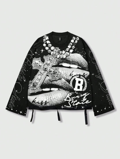 ROMWE MEN Street Life Spring Casual Graphic Vintage Street Style Distressed Saint Graphic Long Sleeve Crew Neck Men'S T-Shirt