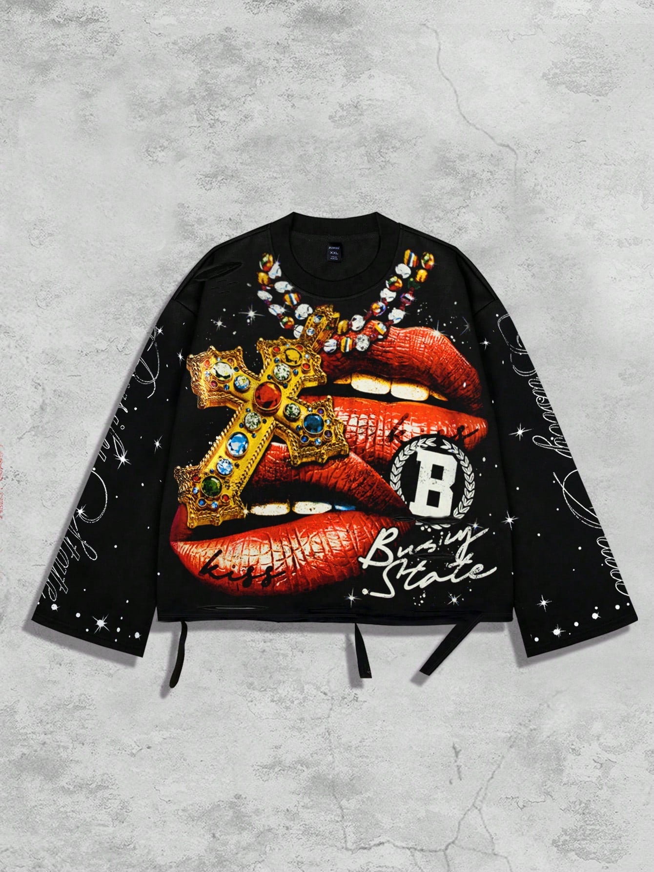 ROMWE MEN Street Life Spring Casual Graphic Vintage Street Style Distressed Saint Graphic Long Sleeve Crew Neck Men'S T-Shirt