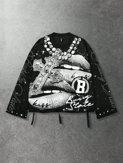 ROMWE MEN Street Life Spring Casual Graphic Vintage Street Style Distressed Saint Graphic Long Sleeve Crew Neck Men'S T-Shirt