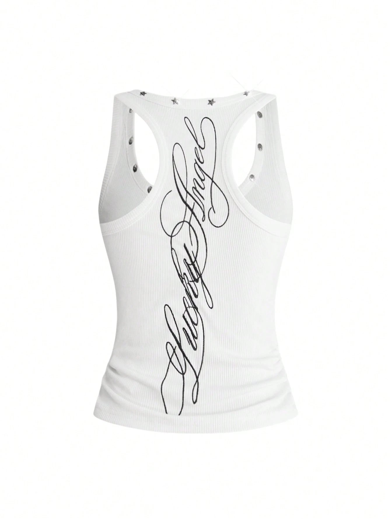 ROMWE Y2K Women's Retro Music Festival Sexy All-Match Versatile English Logo Embroidered Star Rivet Decor U-Neck Tank Top