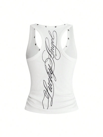 ROMWE Y2K Women's Retro Music Festival Sexy All-Match Versatile English Logo Embroidered Star Rivet Decor U-Neck Tank Top
