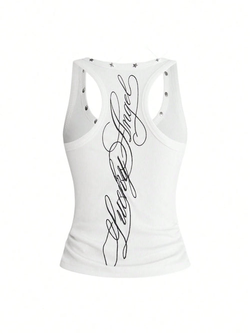 ROMWE Y2K Women's Retro Music Festival Sexy All-Match Versatile English Logo Embroidered Star Rivet Decor U-Neck Tank Top