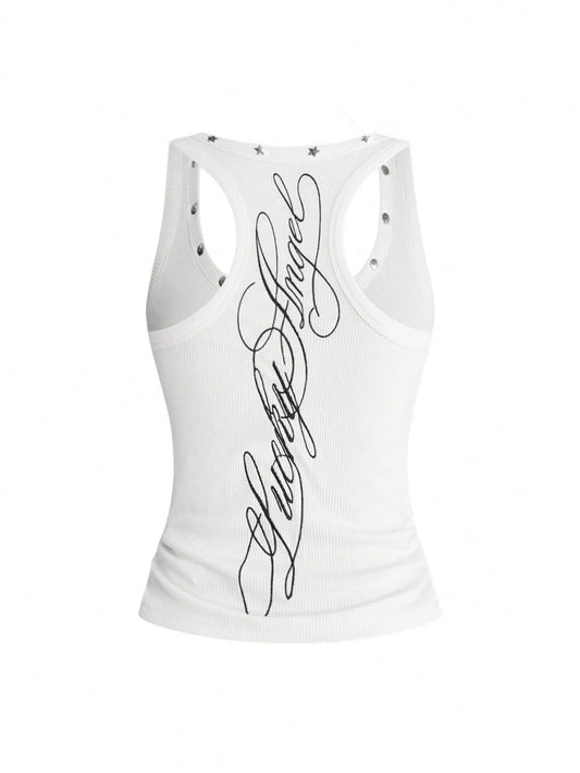 ROMWE Y2K Women's Retro Music Festival Sexy All-Match Versatile English Logo Embroidered Star Rivet Decor U-Neck Tank Top