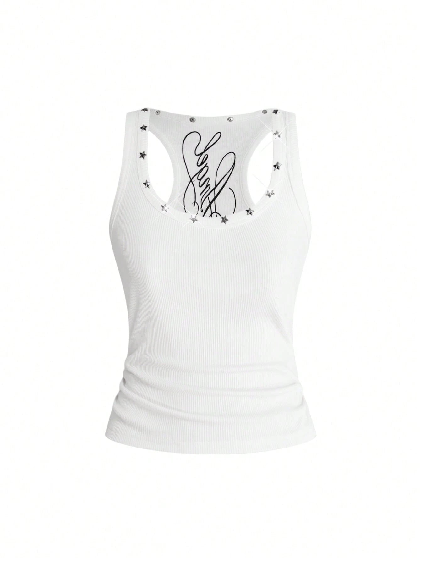 ROMWE Y2K Women's Retro Music Festival Sexy All-Match Versatile English Logo Embroidered Star Rivet Decor U-Neck Tank Top