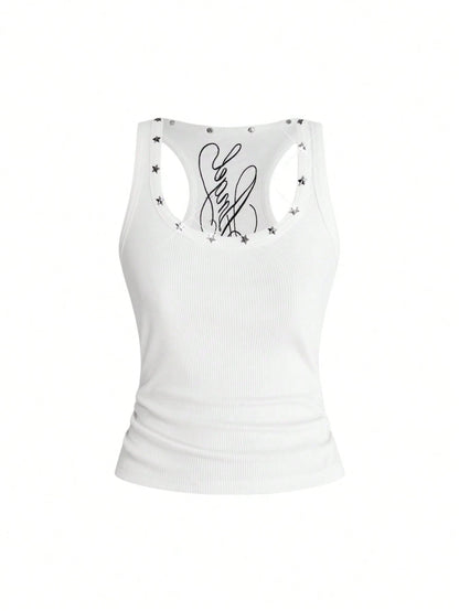 ROMWE Y2K Women's Retro Music Festival Sexy All-Match Versatile English Logo Embroidered Star Rivet Decor U-Neck Tank Top