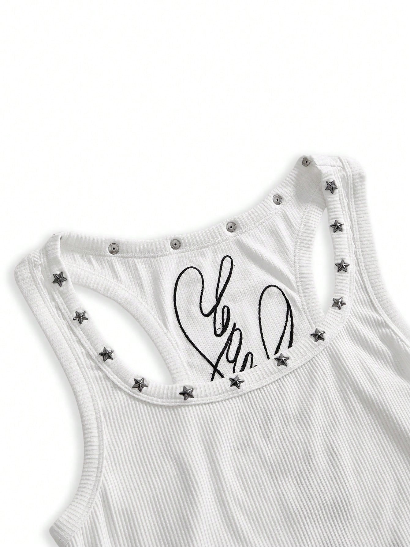 ROMWE Y2K Women's Retro Music Festival Sexy All-Match Versatile English Logo Embroidered Star Rivet Decor U-Neck Tank Top